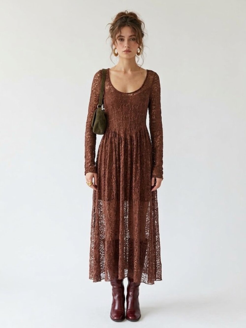 And Now This Brown Lace Basque Waist Maxi Dress Sheer Long Sleeve M